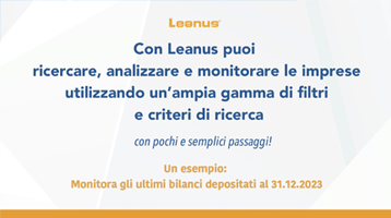 Con Leanus puoi ricercare, analizzare e monitorare le imprese utilizzando un’ampia gamma di filtri